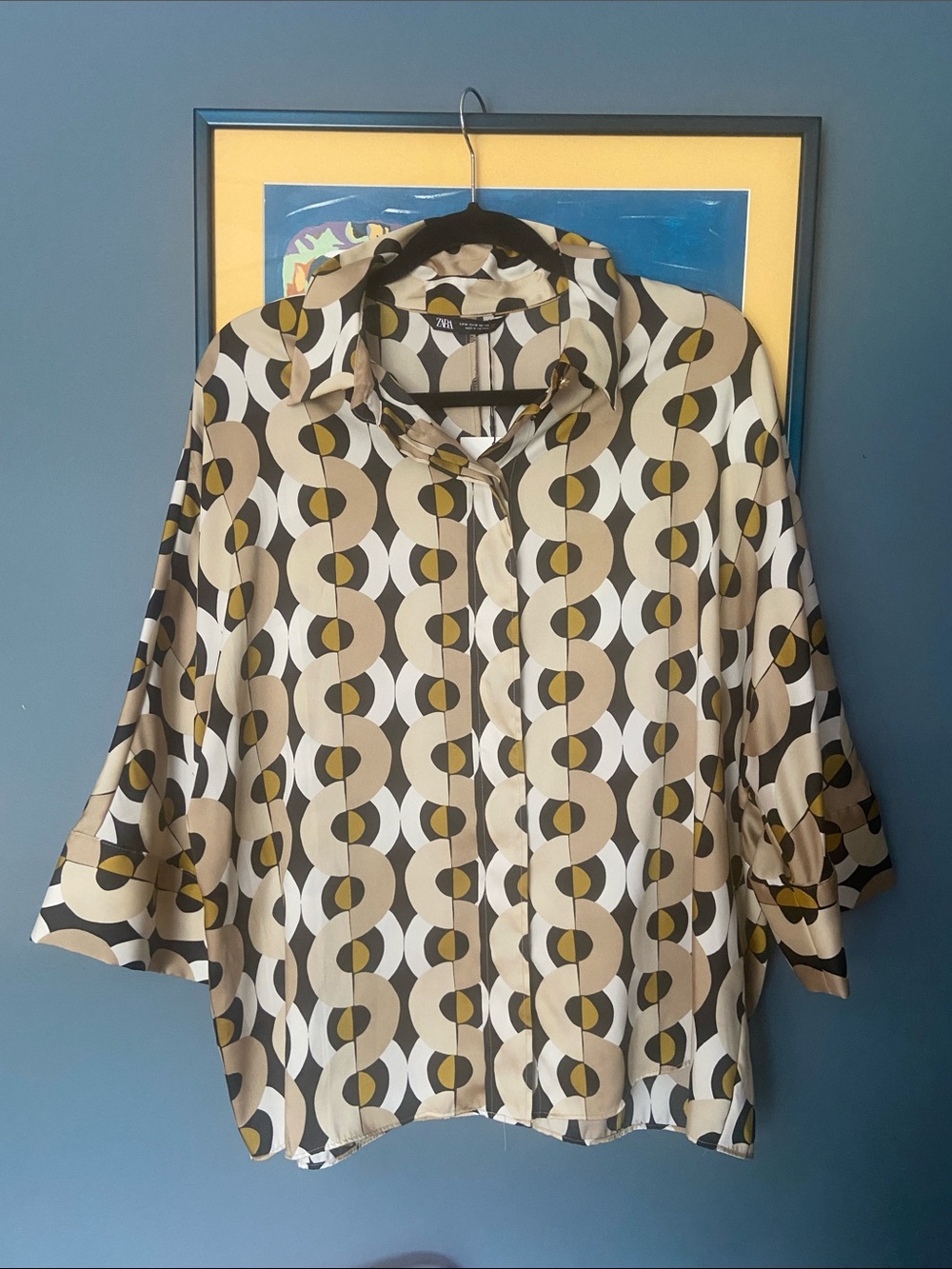 Zara Beige, White & Olive Geometric Button-Down Shirt